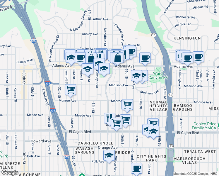 map of restaurants, bars, coffee shops, grocery stores, and more near 4599 35th Place in San Diego