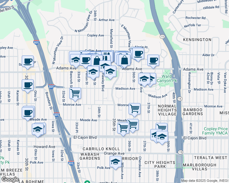 map of restaurants, bars, coffee shops, grocery stores, and more near 4544 35th Street in San Diego
