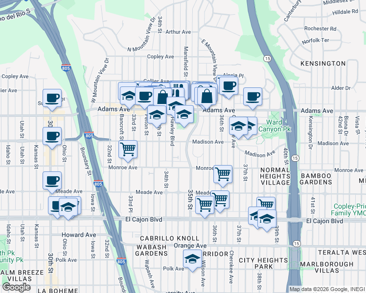map of restaurants, bars, coffee shops, grocery stores, and more near 4544 35th Street in San Diego