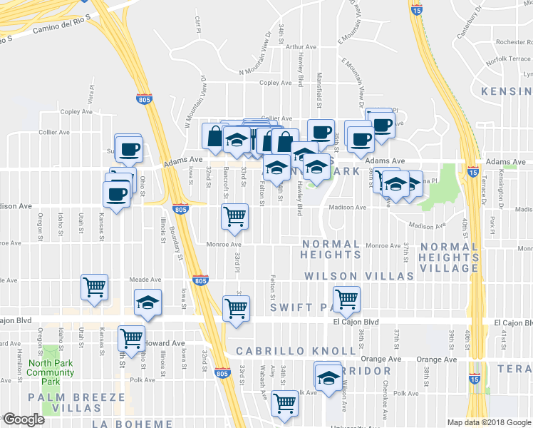 map of restaurants, bars, coffee shops, grocery stores, and more near 4546 34th Street in San Diego
