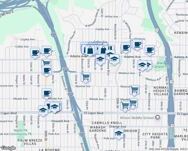 map of restaurants, bars, coffee shops, grocery stores, and more near 4546 34th Street in San Diego