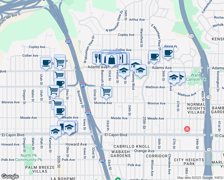 map of restaurants, bars, coffee shops, grocery stores, and more near 4550 33rd Street in San Diego