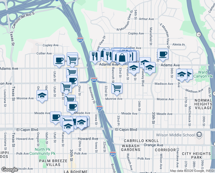 map of restaurants, bars, coffee shops, grocery stores, and more near 4551 32nd Street in San Diego