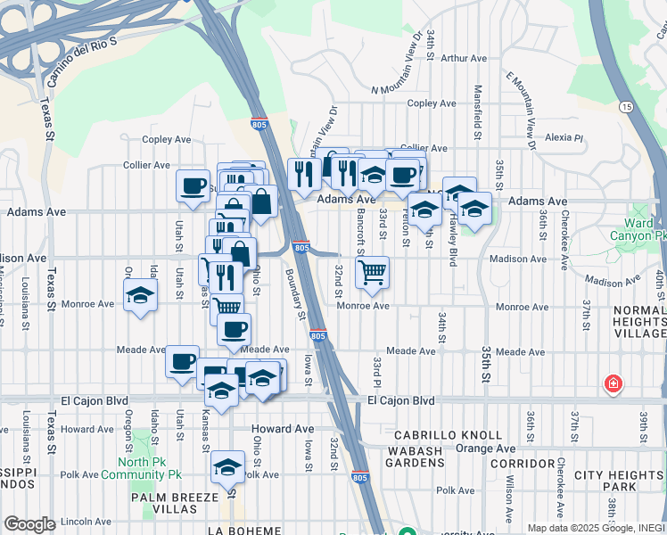 map of restaurants, bars, coffee shops, grocery stores, and more near 4557 Iowa Street in San Diego
