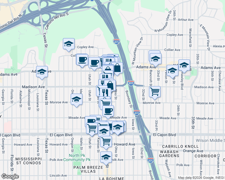 map of restaurants, bars, coffee shops, grocery stores, and more near 4544 Ohio Street in San Diego