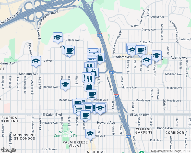 map of restaurants, bars, coffee shops, grocery stores, and more near 4544 Ohio Street in San Diego