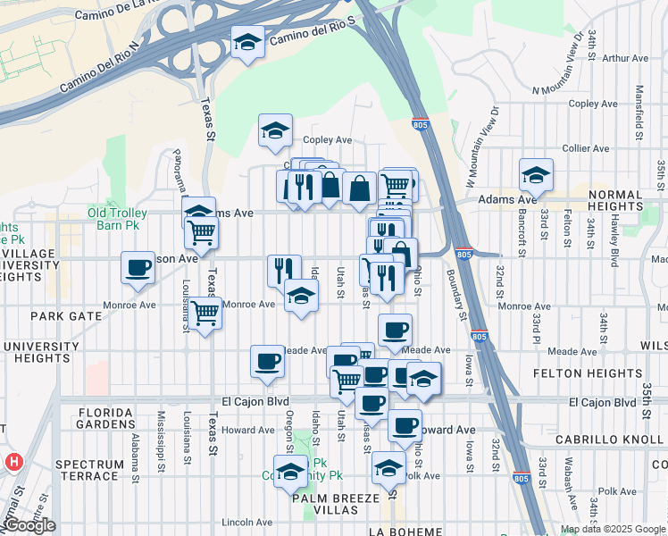 map of restaurants, bars, coffee shops, grocery stores, and more near 4533 Idaho Street in San Diego