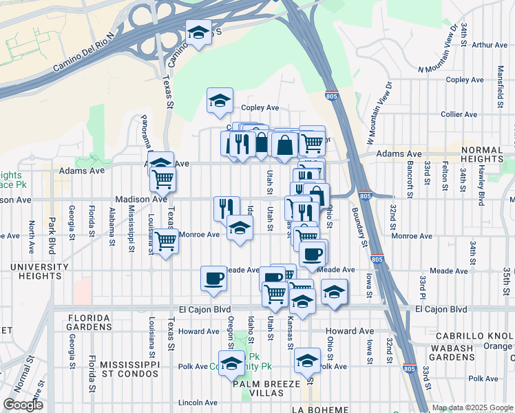 map of restaurants, bars, coffee shops, grocery stores, and more near 4533 Idaho Street in San Diego
