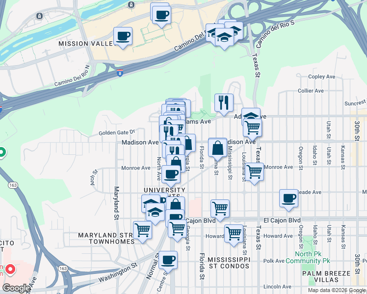 map of restaurants, bars, coffee shops, grocery stores, and more near 4546-48 Georgia Street in San Diego