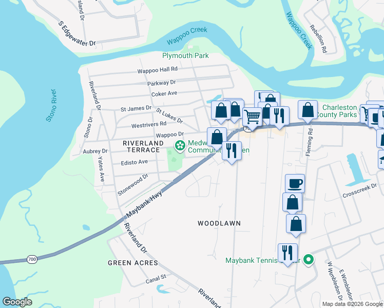 map of restaurants, bars, coffee shops, grocery stores, and more near 2064 Maybank Highway in Charleston