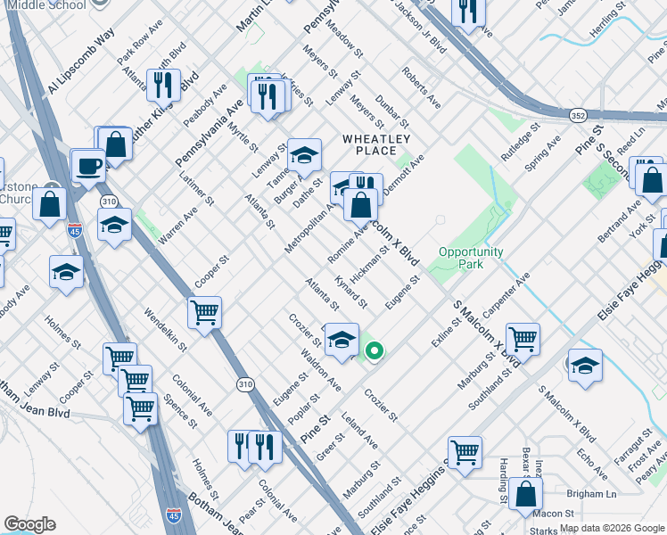 map of restaurants, bars, coffee shops, grocery stores, and more near 3834 Kynard Street in Dallas