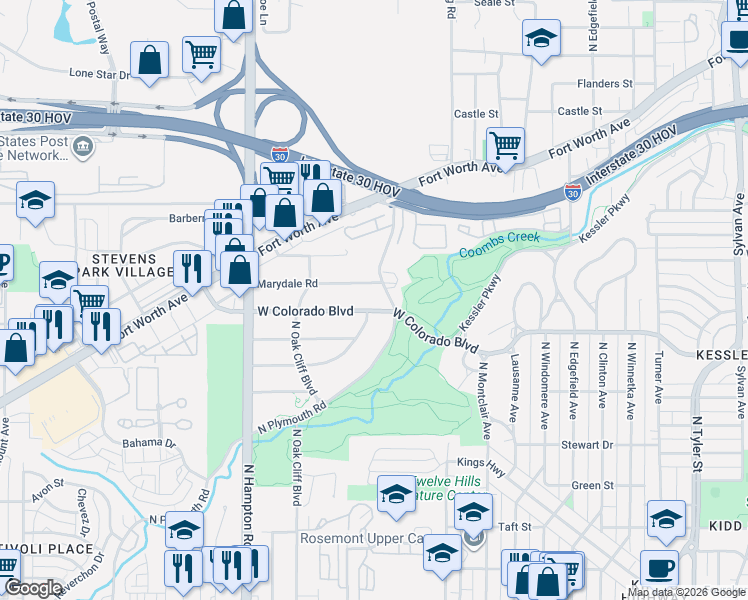 map of restaurants, bars, coffee shops, grocery stores, and more near 1908 West Colorado Boulevard in Dallas