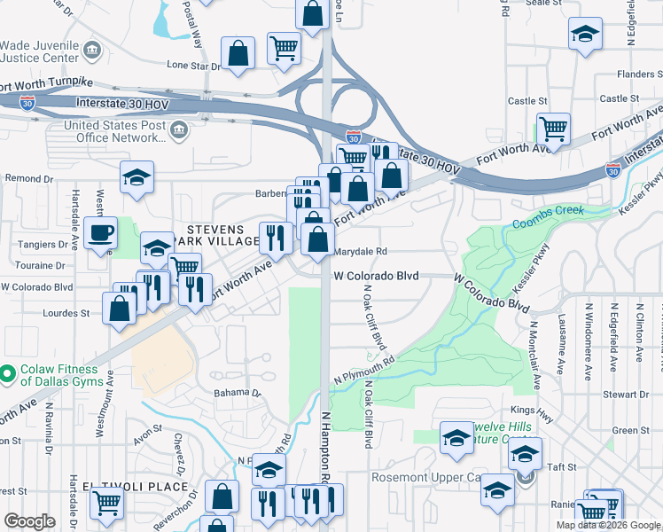 map of restaurants, bars, coffee shops, grocery stores, and more near 1164-1198 North Hampton Road in Dallas