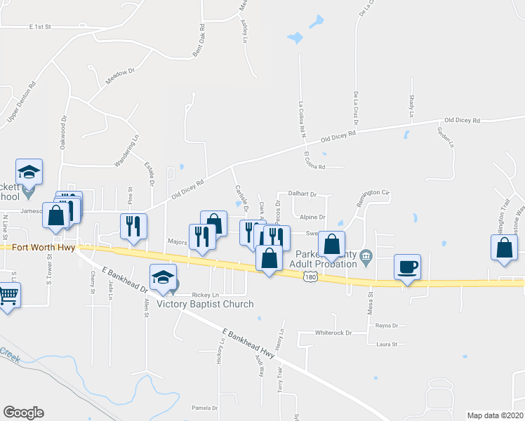 map of restaurants, bars, coffee shops, grocery stores, and more near 317 Clark Avenue in Weatherford