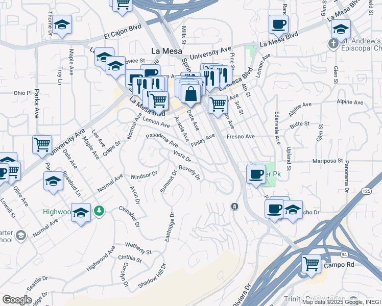 map of restaurants, bars, coffee shops, grocery stores, and more near 4510 Acacia Avenue in La Mesa