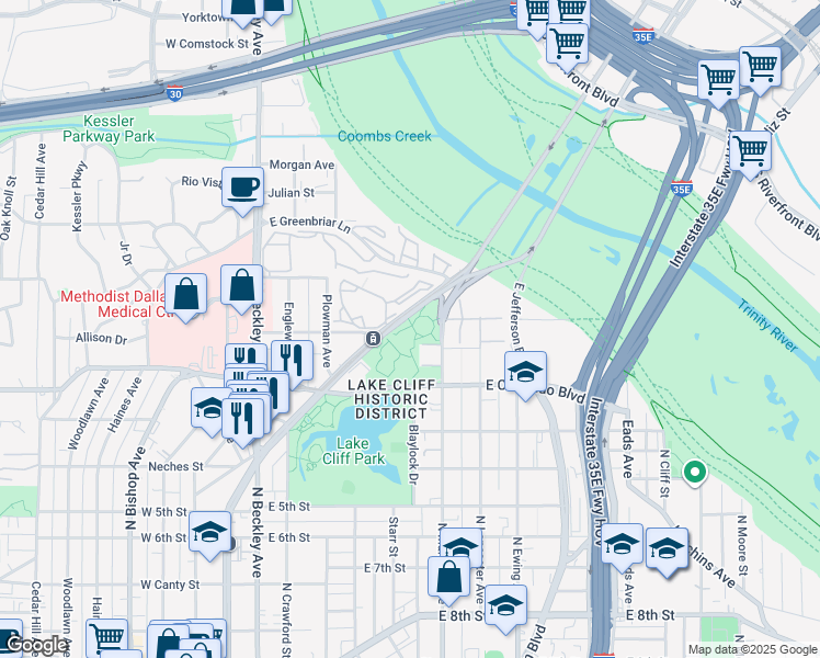 map of restaurants, bars, coffee shops, grocery stores, and more near 1412 North Zang Boulevard in Dallas