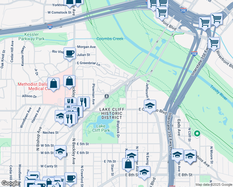 map of restaurants, bars, coffee shops, grocery stores, and more near 1410 North Zang Boulevard in Dallas