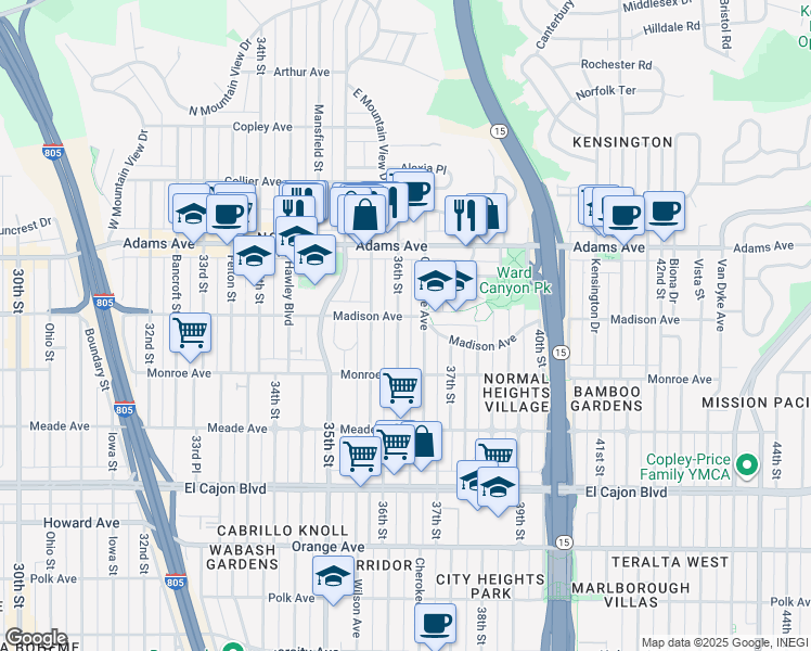 map of restaurants, bars, coffee shops, grocery stores, and more near 4546 36th Street in San Diego