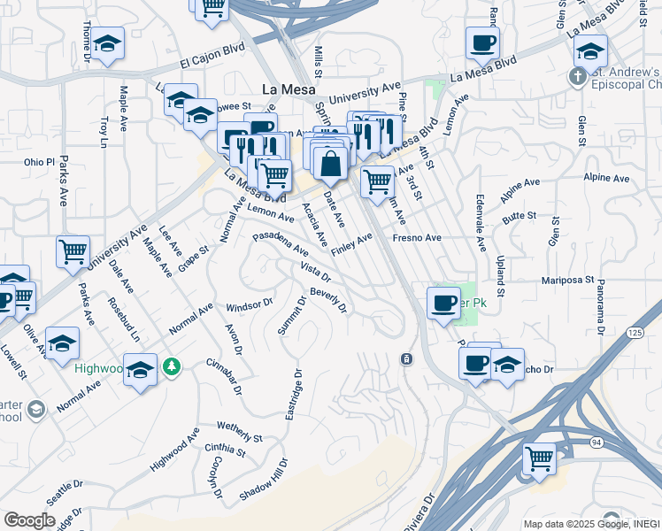 map of restaurants, bars, coffee shops, grocery stores, and more near 4510 Acacia Avenue in La Mesa