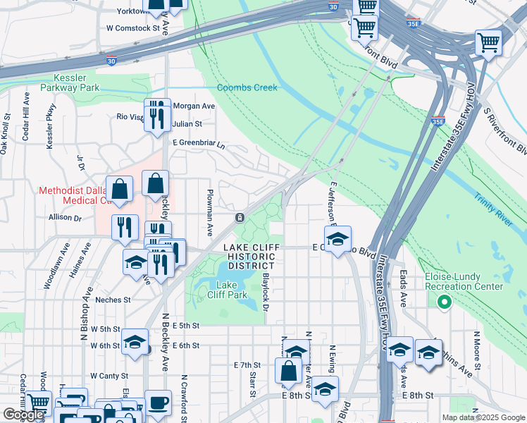 map of restaurants, bars, coffee shops, grocery stores, and more near 1416 North Zang Boulevard in Dallas