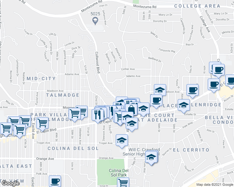 map of restaurants, bars, coffee shops, grocery stores, and more near 4545 Collwood Boulevard in San Diego
