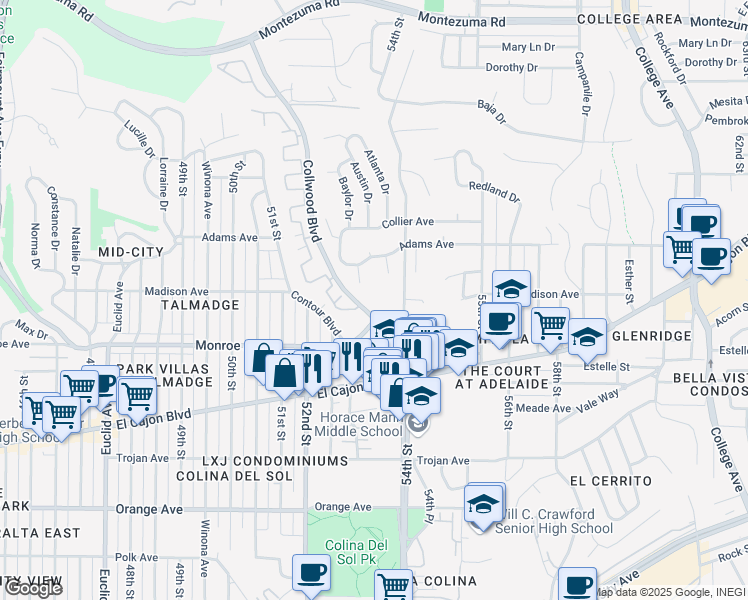 map of restaurants, bars, coffee shops, grocery stores, and more near 4545 Collwood Boulevard in San Diego