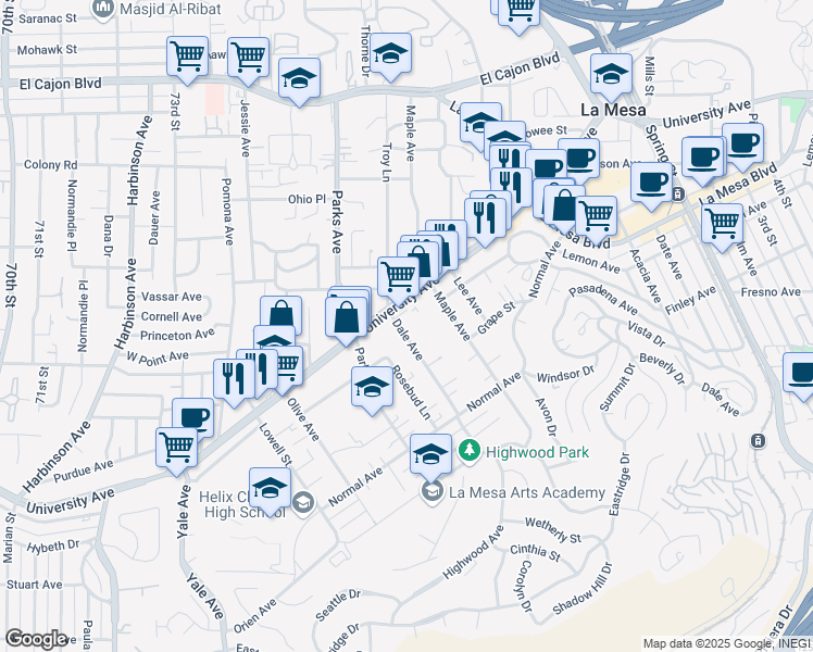 map of restaurants, bars, coffee shops, grocery stores, and more near 4475 Dale Avenue in La Mesa