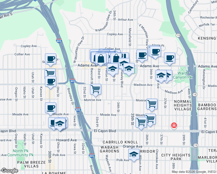 map of restaurants, bars, coffee shops, grocery stores, and more near 4546 34th Street in San Diego