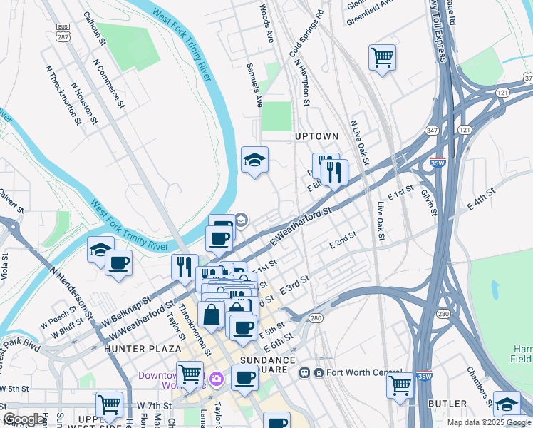 map of restaurants, bars, coffee shops, grocery stores, and more near 705 East Bluff Street in Fort Worth