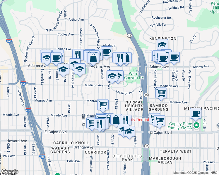 map of restaurants, bars, coffee shops, grocery stores, and more near 4555 Cherokee Avenue in San Diego
