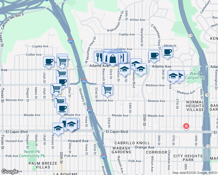 map of restaurants, bars, coffee shops, grocery stores, and more near 4550 33rd Street in San Diego