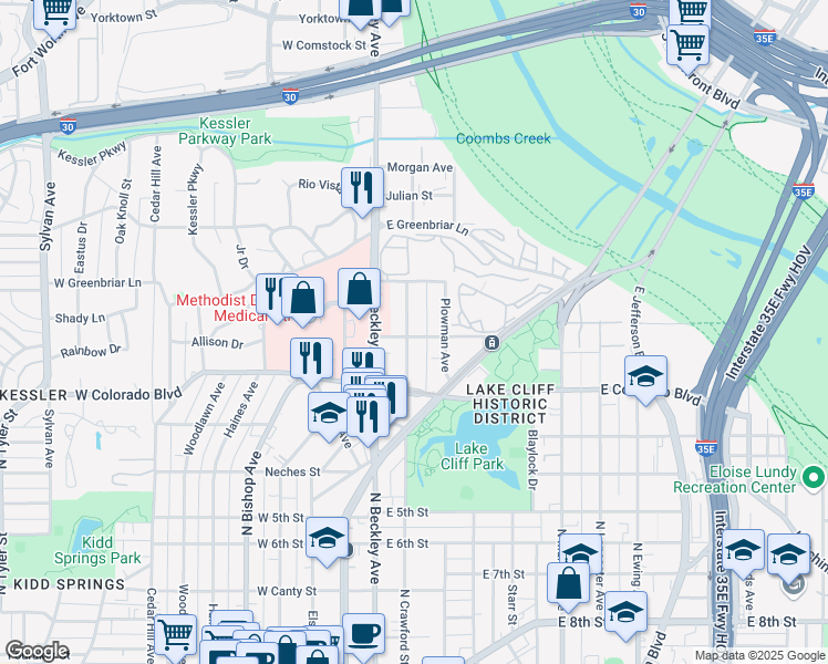 map of restaurants, bars, coffee shops, grocery stores, and more near 1329 Englewood Road in Dallas
