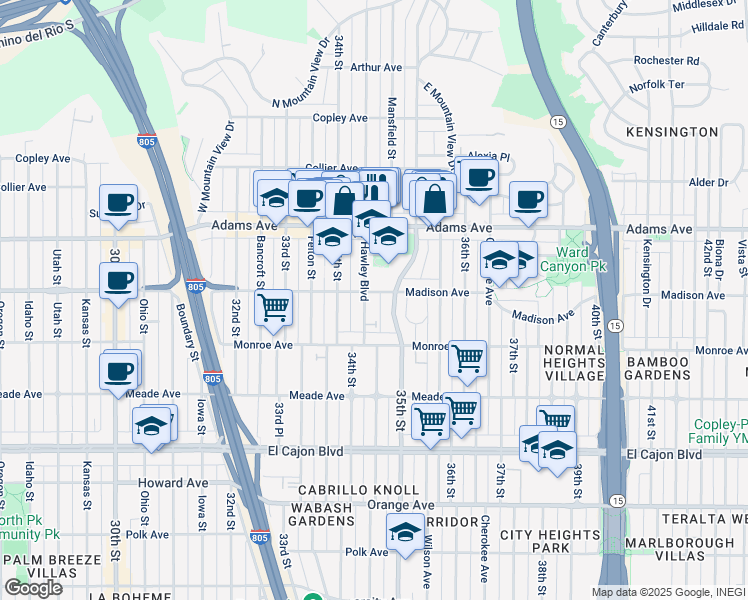 map of restaurants, bars, coffee shops, grocery stores, and more near 4544 35th Street in San Diego