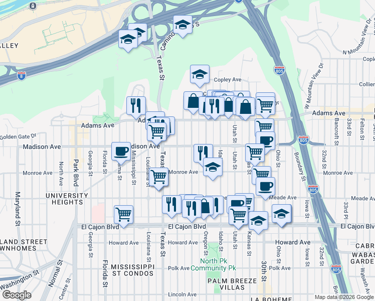 map of restaurants, bars, coffee shops, grocery stores, and more near 4544 Hamilton Street in San Diego
