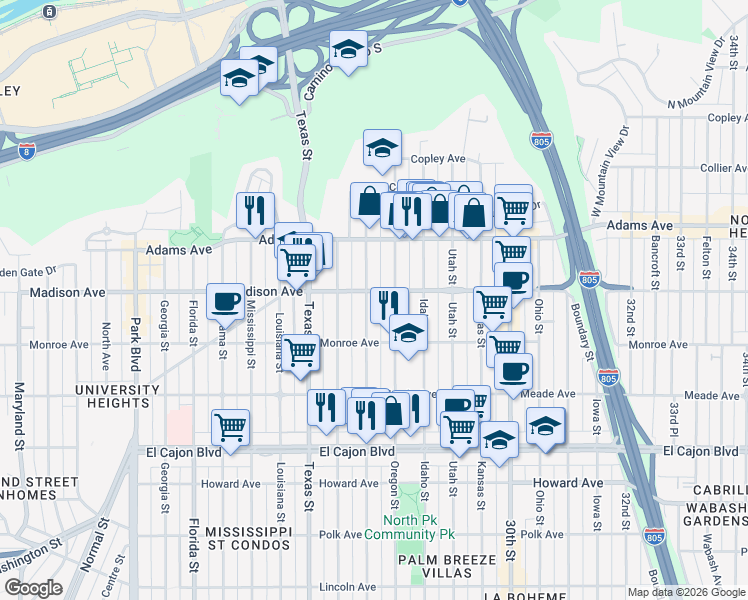 map of restaurants, bars, coffee shops, grocery stores, and more near 4544 Hamilton Street in San Diego