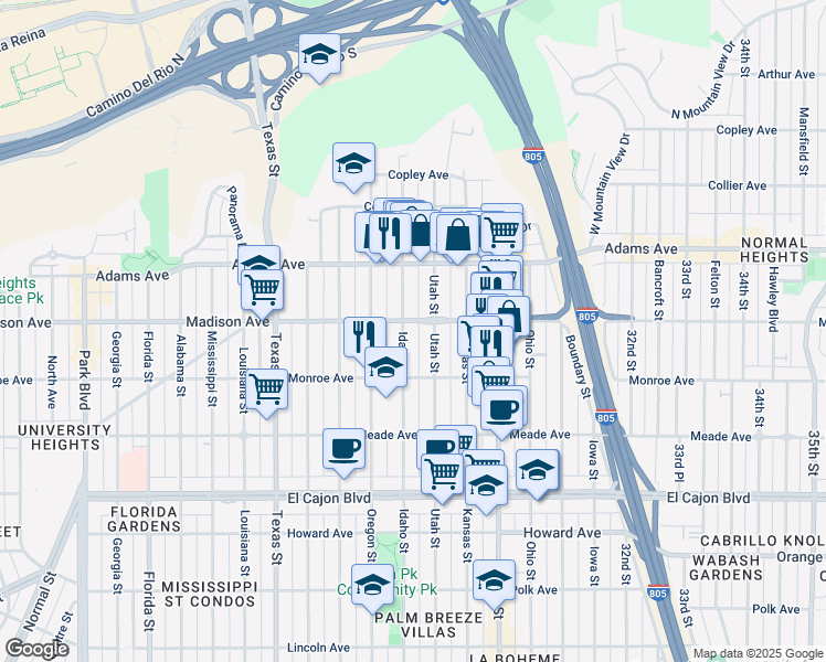 map of restaurants, bars, coffee shops, grocery stores, and more near 4533 Idaho Street in San Diego