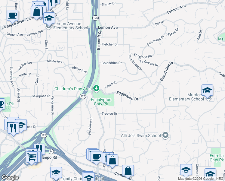 map of restaurants, bars, coffee shops, grocery stores, and more near 9208 Edgewood Drive in La Mesa