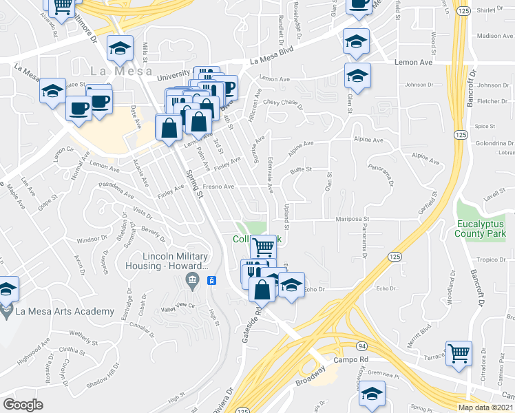 map of restaurants, bars, coffee shops, grocery stores, and more near 4508 3rd Street in La Mesa