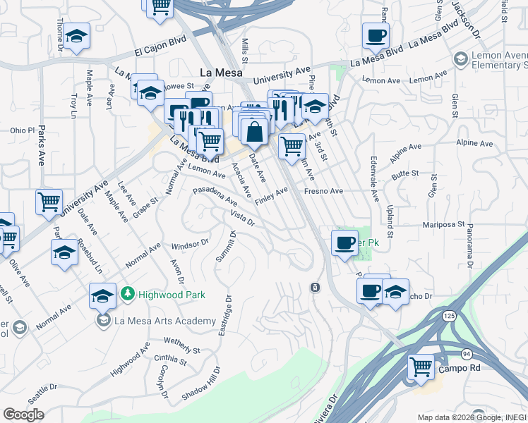 map of restaurants, bars, coffee shops, grocery stores, and more near 8174 Vista Drive in La Mesa