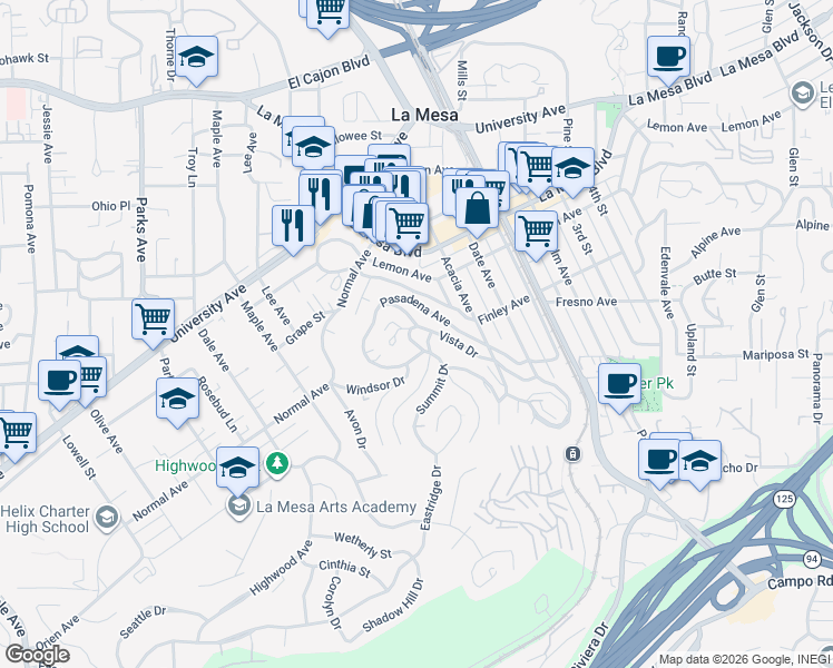 map of restaurants, bars, coffee shops, grocery stores, and more near 7925 Pasadena Avenue in La Mesa