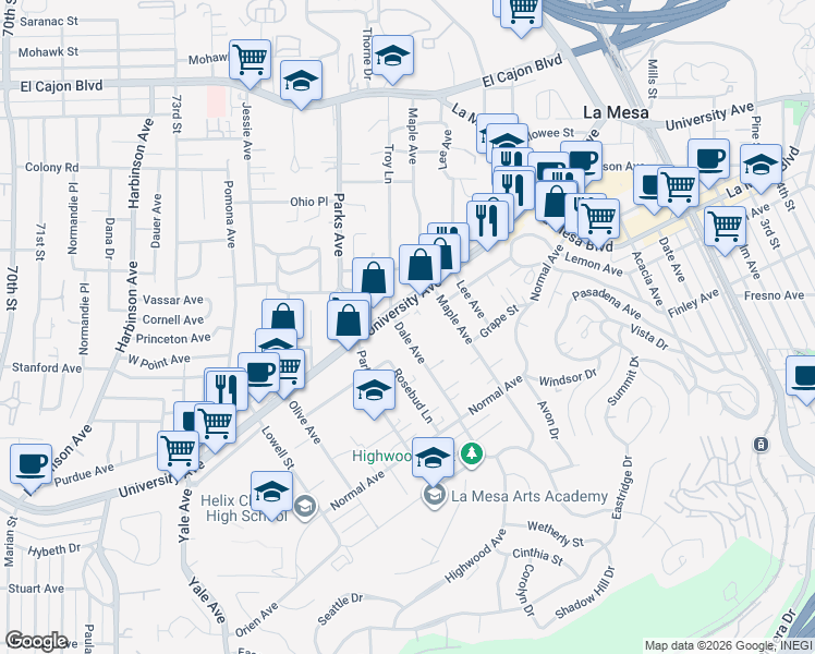 map of restaurants, bars, coffee shops, grocery stores, and more near 4460 Dale Avenue in La Mesa