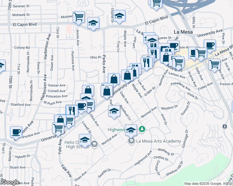 map of restaurants, bars, coffee shops, grocery stores, and more near 7601 University Avenue in La Mesa