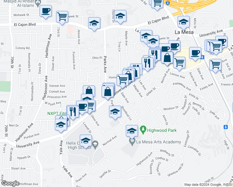 map of restaurants, bars, coffee shops, grocery stores, and more near 7601 University Avenue in La Mesa