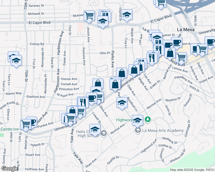 map of restaurants, bars, coffee shops, grocery stores, and more near 7560 University Ave in La Mesa