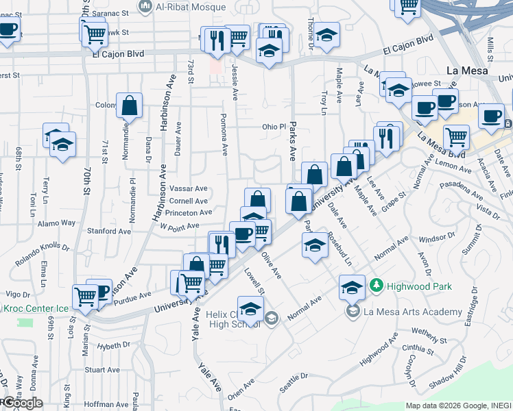 map of restaurants, bars, coffee shops, grocery stores, and more near 4496 Olive Avenue in La Mesa