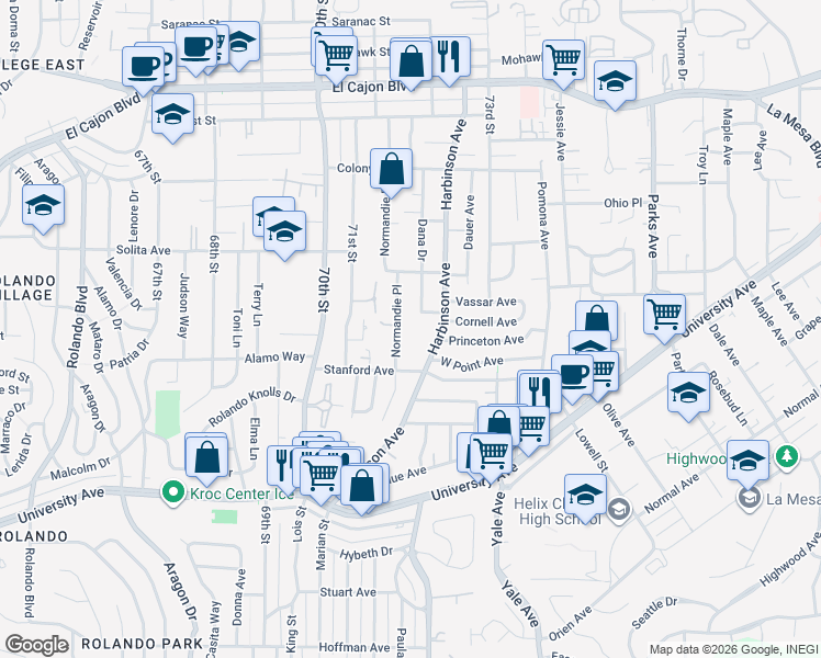 map of restaurants, bars, coffee shops, grocery stores, and more near 4475 Normandie Place in La Mesa