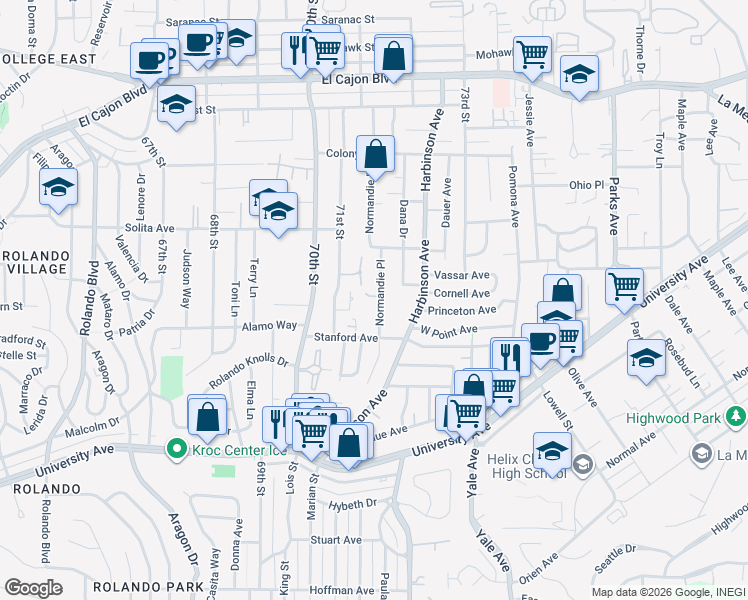 map of restaurants, bars, coffee shops, grocery stores, and more near 7100 Stanford Avenue in La Mesa
