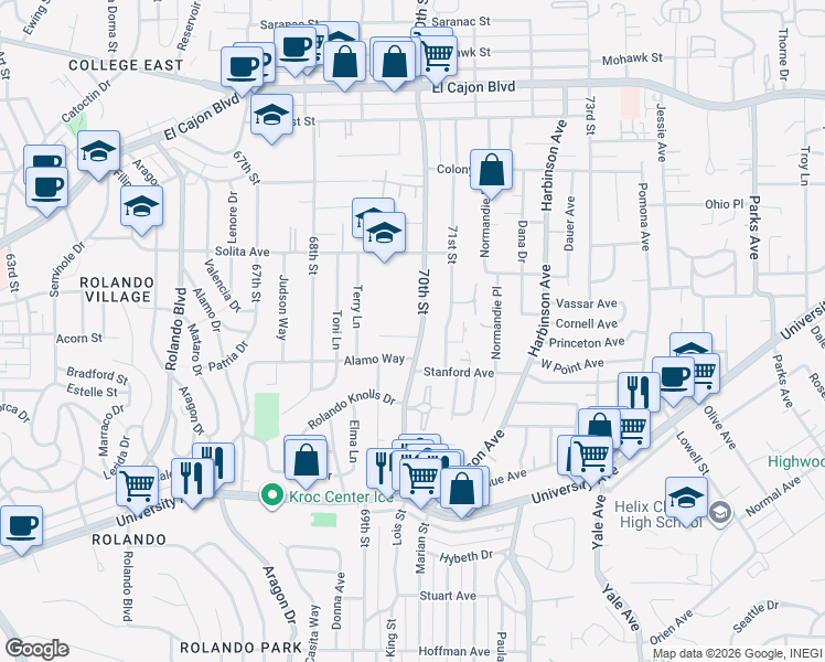 map of restaurants, bars, coffee shops, grocery stores, and more near 6950 Alamo Way in La Mesa