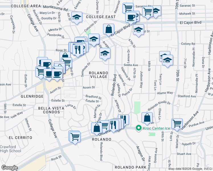 map of restaurants, bars, coffee shops, grocery stores, and more near 4525 Aragon Drive in San Diego