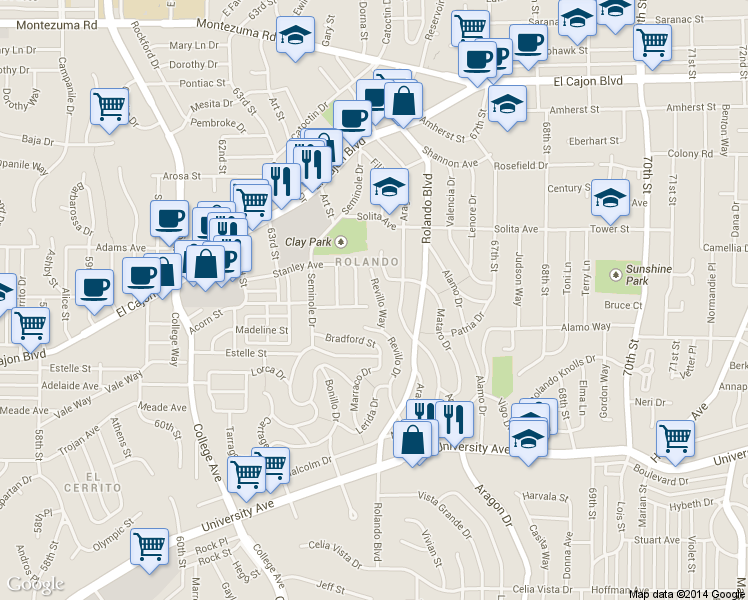 map of restaurants, bars, coffee shops, grocery stores, and more near 4530 Revillo Way in San Diego